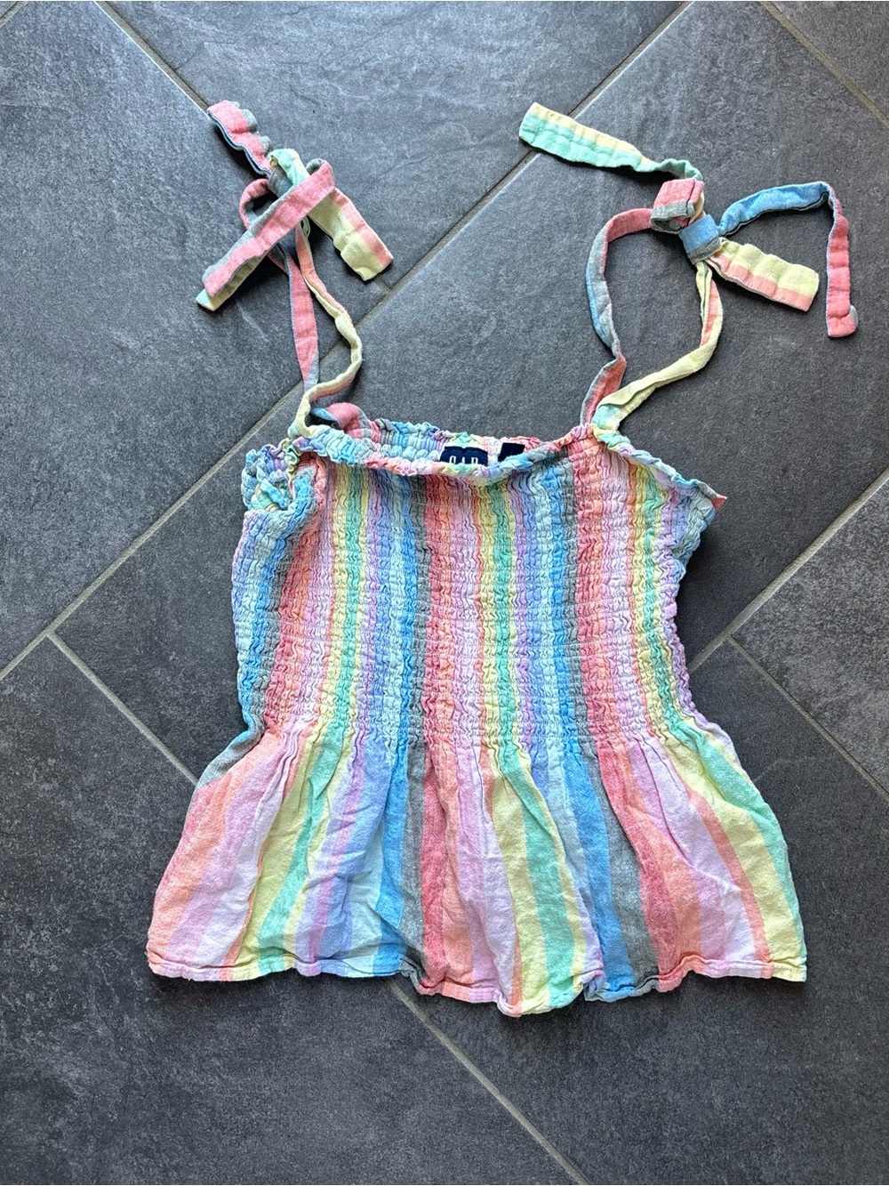 GAP Linen Tank Rainbow Stripe Babydoll Smocked Tie Straps Peplum Womens M